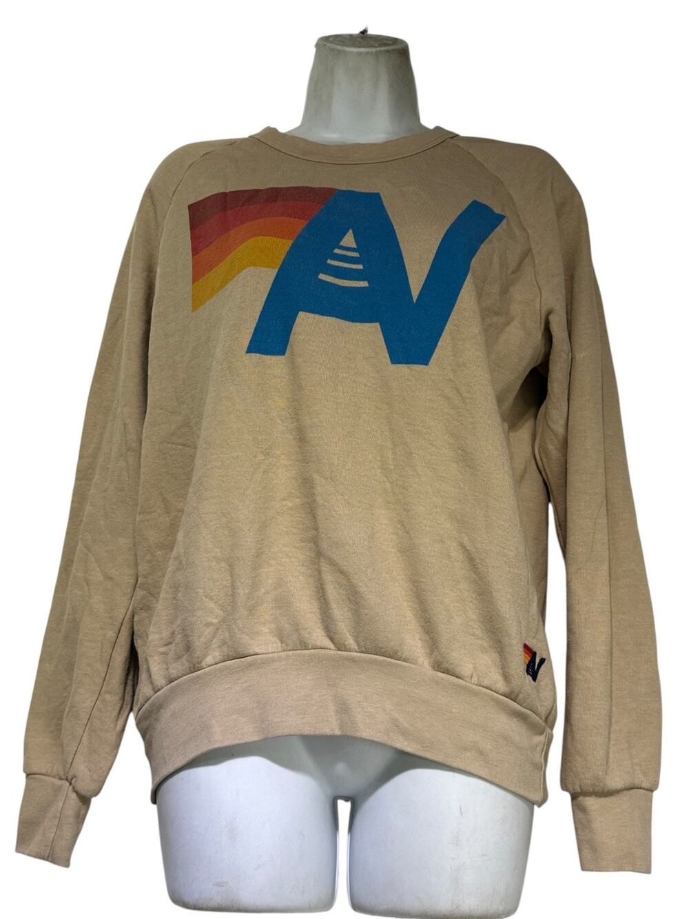 Aviator Nation Womens Size XS Logo Rainbow Graphic Crewneck Sweatshirt Tan